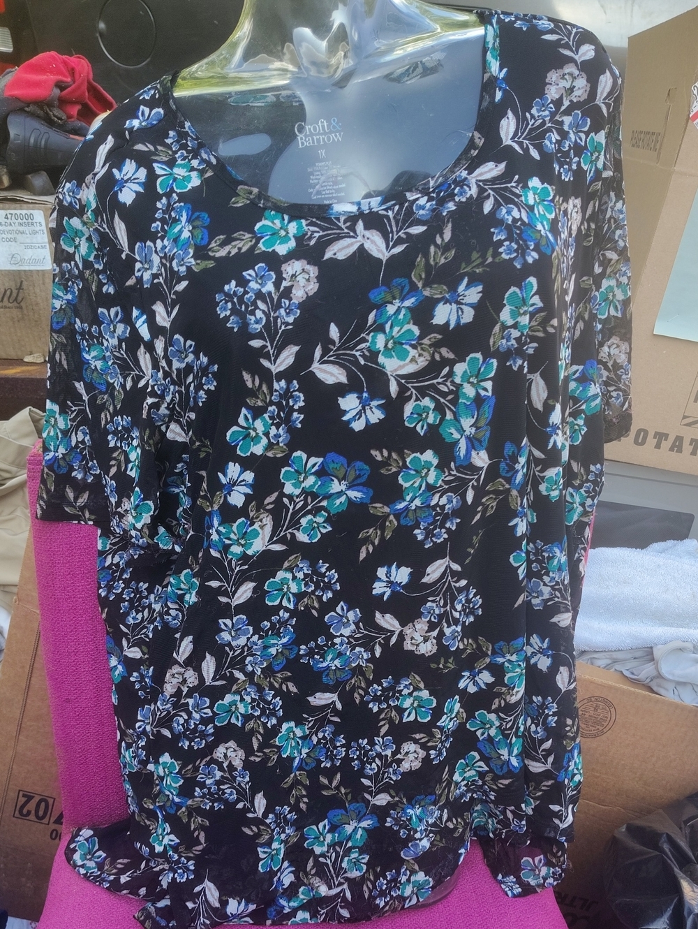 croft & barrow Black Short-Sleeve Floral Tee with Blue & Teal Flowers